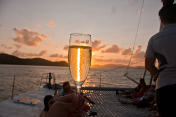 Баббі Ігриться Шампанським Скляною Флейтою Сансет Ввечері Під Час Плавання — стокове фото