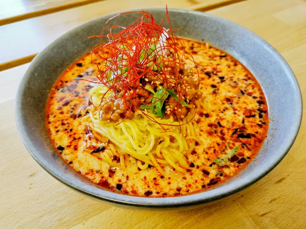 Feu Épicé Rouge Haché Bronzage Porc Ramen Japonais Soupe Nouilles — Photo