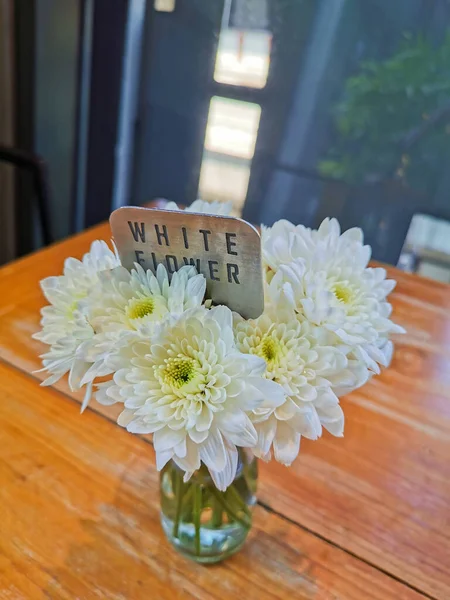 White Beautiful Natural Fresh Chrysanthemum Flower Glass Jar Brown Wooden — Stock Photo, Image