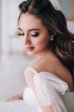 Düğün makyajı. Lüks makyajlı ve saç stili gelin portresi.