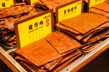 Assortment of Chinese preserved meat selling by the sidewalk of Macau, China. (No trademark or copyrighted material on the price tags). clipart