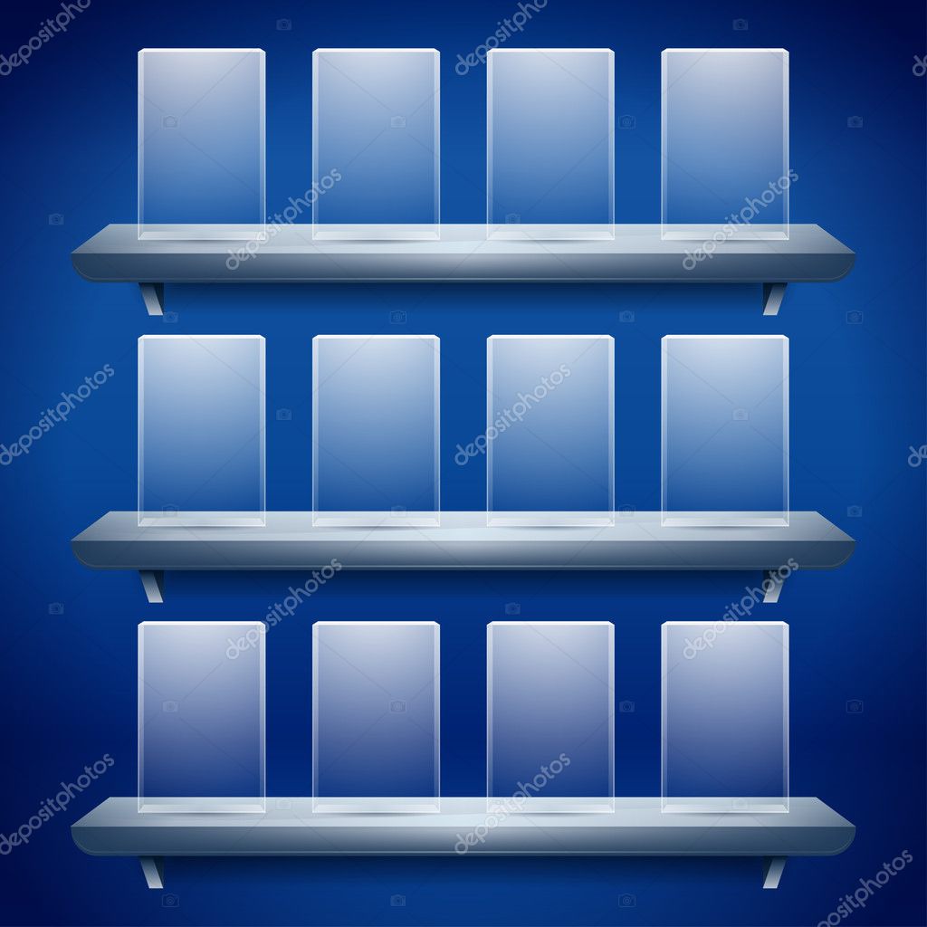 3D isoliert Regal für Ausstellung mit leeren Glas-buttons — Stockvektor