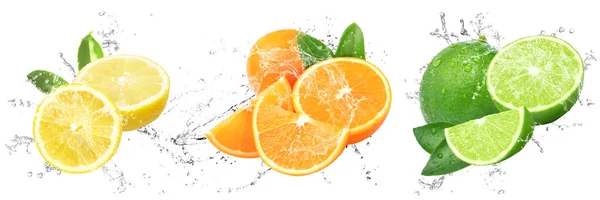 Fresh Fruits Water Splash Isolated White Background Lemon Orange Lime — Stock Photo, Image