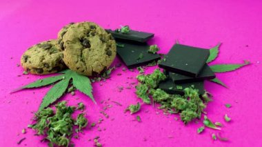 Esrarlı kurabiye ve eflatun arka planda kenevir çikolatası marihuana yaprağı ve kenevir tomurcukları. Amsterdam tarzı klip. Jamaika havası ve abur cubur..