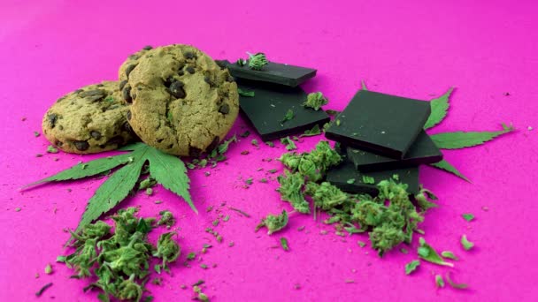 Unkrautkekse Und Hanfschokolade Auf Magenta Hintergrund Mit Marihuana Topfblättern Und — Stockvideo