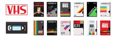Vektör koleksiyonu kaset seti. 80 'lerin eski grafikleri. Blockbuster videoları. VHS etkisi. 80 'ler ve 90' lar tarzı. Retro vintage kapaklar. Tasarım şablonlarını düzenlemek kolay