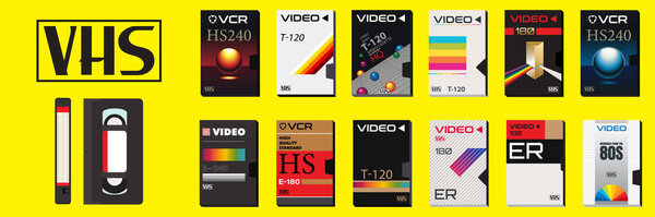 VHS Casette Vector Graphic and the Video Covers. Абстрактные дела с незаполненной лентой. Готовые шаблоны для наклеек, флаеров, плакатов. Фильмы 80-х и 90-х годов. Синтвейв вибрации. Ретро технологии.