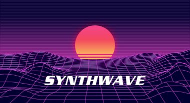 Neon ışık ızgarası, güneş ve dağlarla kaplı bir manzara. Bilim kurgu, fütüristik illüstrasyon. Retrowave, synthwave veya buhar dalgası 80 'ler. Kaçmak, Rüya Dalgası ve Karanlık Sentetik titreşimleri. Tekno için poster arkaplanı