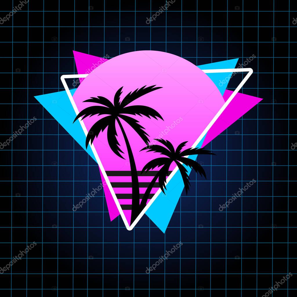 Retro Vector Illustration in 80's style for T-shirt with Palms, Grid and Sunset. Outrun aesthetic.