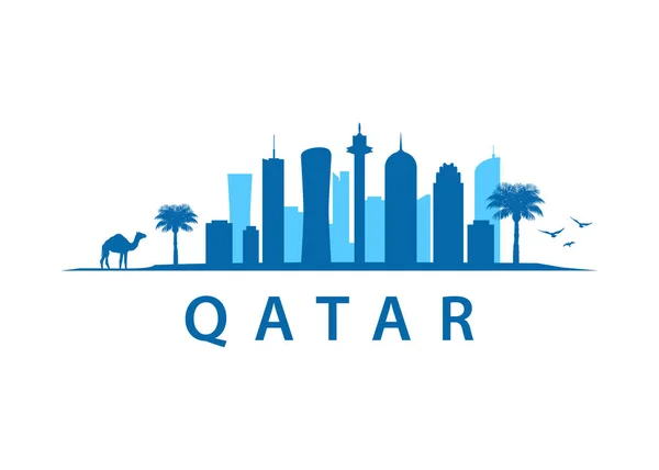 Qatar Skyline City Landskap Kontur Vektor Grafisk Synpunkter Arabien — Stock vektor