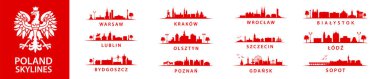 Collection of polish skylines, big bundle of cities in Poland, eastern Europe, Szczecin, Krakow, Wroclaw, Lublin, Olsztyn, Warsaw, Bydgoszcz, Poznan, Gdansk, Lodz, Sopot, Bialystok