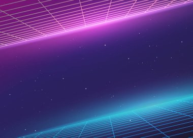 Galaksi Arkaplanı 3D ızgaraları ve video oyunları ve bilim kurgu filmlerinden esinlenen neon parlak ışıkları ile