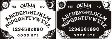 Graphic template inspired by Ouija Board. Black and white symbols of moon ,sun, texts and alphabet. Gothic typography. Ghosts and demons calling game. clipart