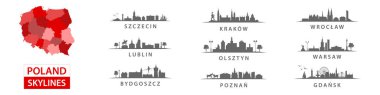 Collection of polish skylines, big cities in Poland, eastern europe, Szczecin, Krakow, Wroclaw, Lublin, Olsztyn, Warsaw, Bydgoszcz, Poznan, Gdansk