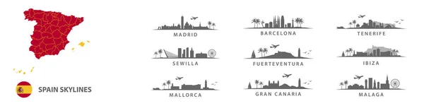 Collection Spanish Skylines Big Cities Spain Madrid Barcelona Seville Malaga — 图库矢量图片