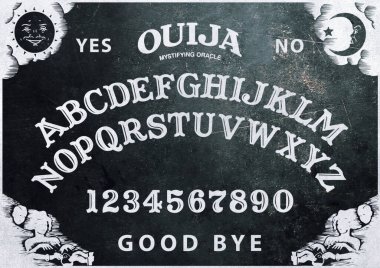 Spooky black planchette of Ouija Board on vintage texture. Poster with game of ghosts. Halloween play with calling souls and demons. Party poster. Graphic, typography, alphabet, letters, numbers.