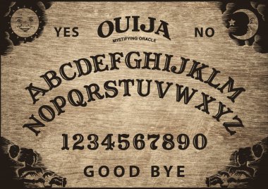 Planchette of Ouija Board on wooden texture. Poster with game of ghosts. Halloween play with calling souls and demons. Party poster. Graphic, typography, alphabet, letters, numbers. clipart