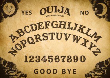Spooky planchette of Ouija Board on vintage texture. Poster with game of ghosts. Halloween play with calling souls and demons. Party poster. Graphic, typography, alphabet, letters, numbers.
