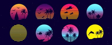 Gelecekçi neon retrodalga koleksiyonu. Günbatımında geçmişe dönük manzara setleri ve vektör elementleri örnekleme şablonu