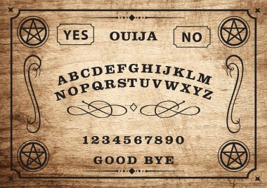 Ouija Tahta Planchette ahşap dokuda. Cadılar Bayramı ruhları ve şeytanları çağırmakla geçer. Parti posteri. Grafik, kaligrafi, tipografi, alfabe, harfler, sayılar.