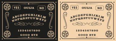 Graphic template inspired by Ouija Board. Black and Very soft orange symbols of pentagram , texts and alphabet. Gothic typography. Ghosts and demons calling game. clipart