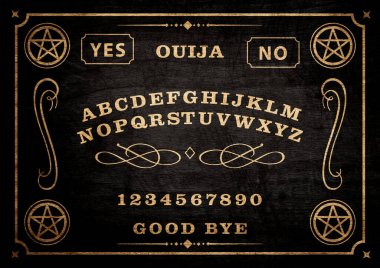Planchette of Ouija Board on wooden texture. Poster with game of ghosts. Halloween play with calling souls and demons. Party poster. Graphic, typography, alphabet, letters, numbers.