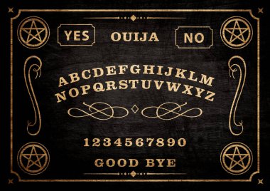 Planchette of Ouija Board on wooden texture. Poster with game of ghosts. Halloween play with calling souls and demons. Party poster. Graphic, typography, alphabet, letters, numbers. clipart