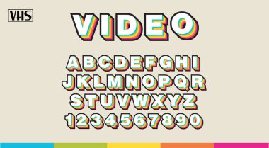 90 'ların VHS Alfabesi, Raibow renkleri serif harfleri ve numaraları içermiyor. Analog retro yazı tipi.