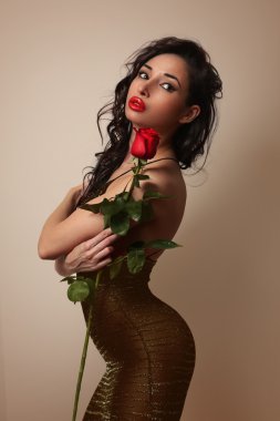 Sexy girl in little black dress with a red rose clipart