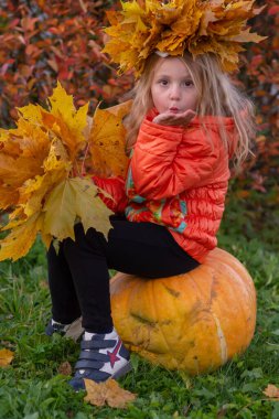 Kafasında sarı bir akçaağaç yaprağı ve elinde bir buket sonbahar yaprağı olan bir kız kocaman sarı bir balkabağının üzerinde oturuyor..
