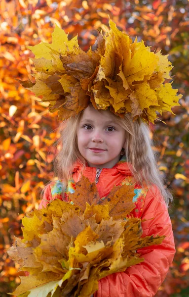 단풍나무 잎으로 화환을 소녀는 가을에 떨어진 아름다운 단풍나무 — 스톡 사진