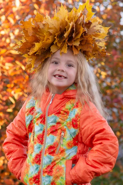Φθινόπωρο Προσωπογραφία Κοριτσιού Στεφάνι Από Κίτρινα Πεσμένα Φύλλα Σφενδάμου Στο — Φωτογραφία Αρχείου