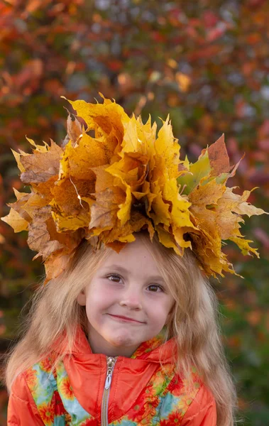 Otoño Retrato Una Niña Con Una Corona Hojas Arce Amarillo — Foto de Stock