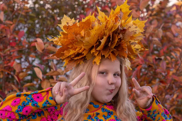 Outono Retrato Uma Menina Com Uma Coroa Folhas Bordo Caídas — Fotografia de Stock
