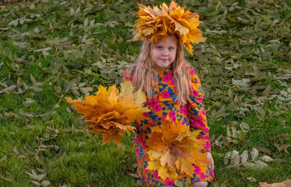 Herbst Ein Mädchen Mit Einem Kranz Aus Ahornblättern Auf Dem — Stockfoto