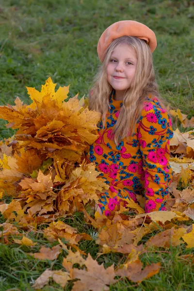 Herbst Das Mädchen Hält Die Herbstlich Gelben Schönen Ahornblätter Der — Stockfoto
