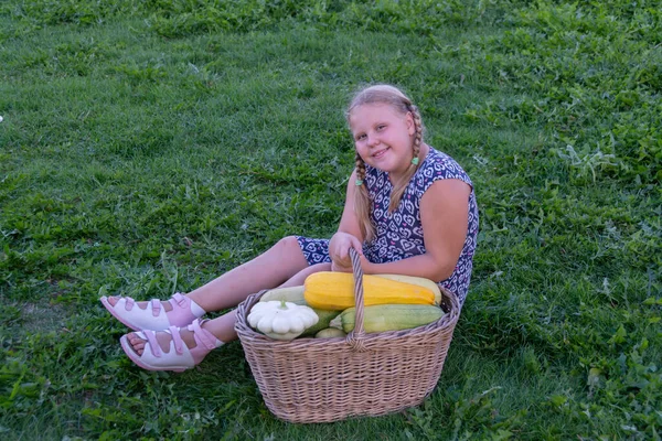 Una Chica Con Una Cesta Que Contiene Verduras —  Fotos de Stock