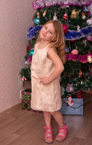 Ένα Όμορφο Κομψό Κορίτσι Κοντά Στο Χριστουγεννιάτικο Δέντρο Νέο Έτος — Φωτογραφία Αρχείου