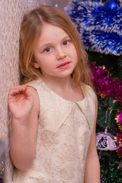 Uma Menina Bonita Elegante Perto Árvore Natal Ano Novo — Fotografia de Stock