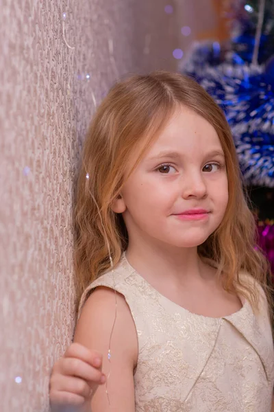 Uma Menina Bonita Elegante Perto Árvore Natal Ano Novo — Fotografia de Stock