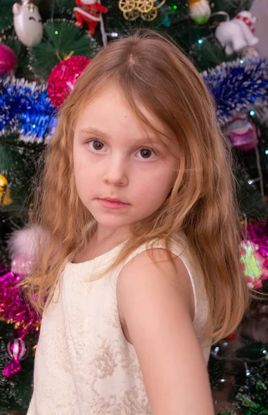 Uma Menina Bonita Elegante Perto Árvore Natal Ano Novo — Fotografia de Stock