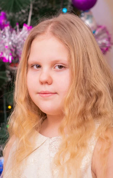 Une Belle Fille Élégante Près Sapin Noël Dans Nouvelle Année — Photo