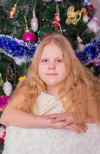 Egy Gyönyörű Elegáns Lány Közel Karácsonyfához Újévben — Stock Fotó