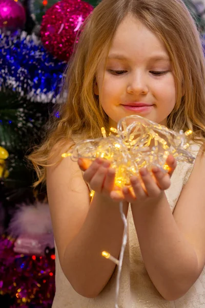 Beautiful Elegant Girl Christmas Tree New Year — Stock Photo, Image