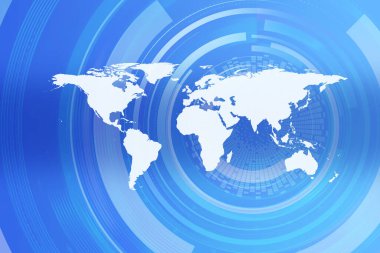 Mavi teknoloji arka planı üzerine Beyaz Dünya Haritası