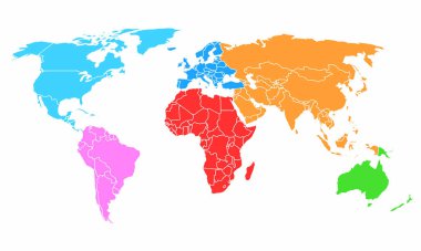 Beyaz arka planda izole edilmiş ülkelerin olduğu renkli Beyaz Dünya Haritası