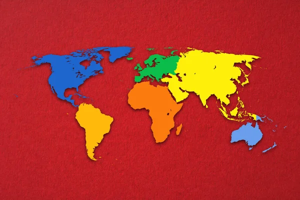 Carte Monde Avec Des Continents Colorés Sur Fond Papier Rouge — Photo