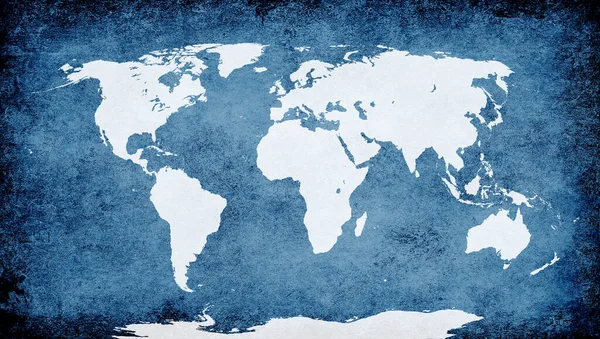 Mapa Mundo Branco Sobre Fundo Papel Grunge Azul — Fotografia de Stock