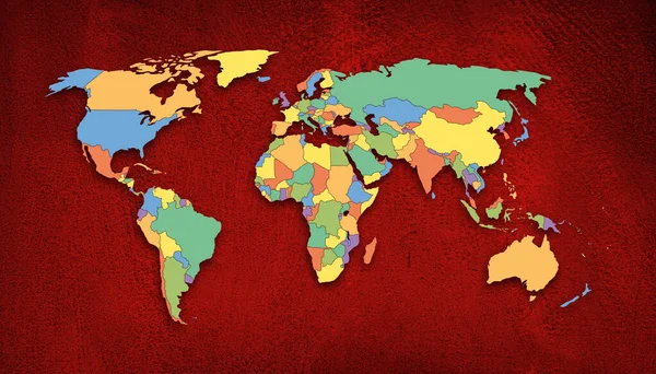 Wereld Kaart Met Gekleurde Landen Rode Cement Gips Achtergrond — Stockfoto