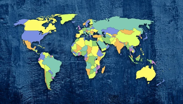 蓝色灰泥石膏背景的彩色国家世界地图 — 图库照片